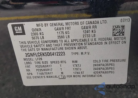 2013 Chevrolet Equinox Ls z USA, uszkodzony, nr VIN 2GNFLCEK5D6412223